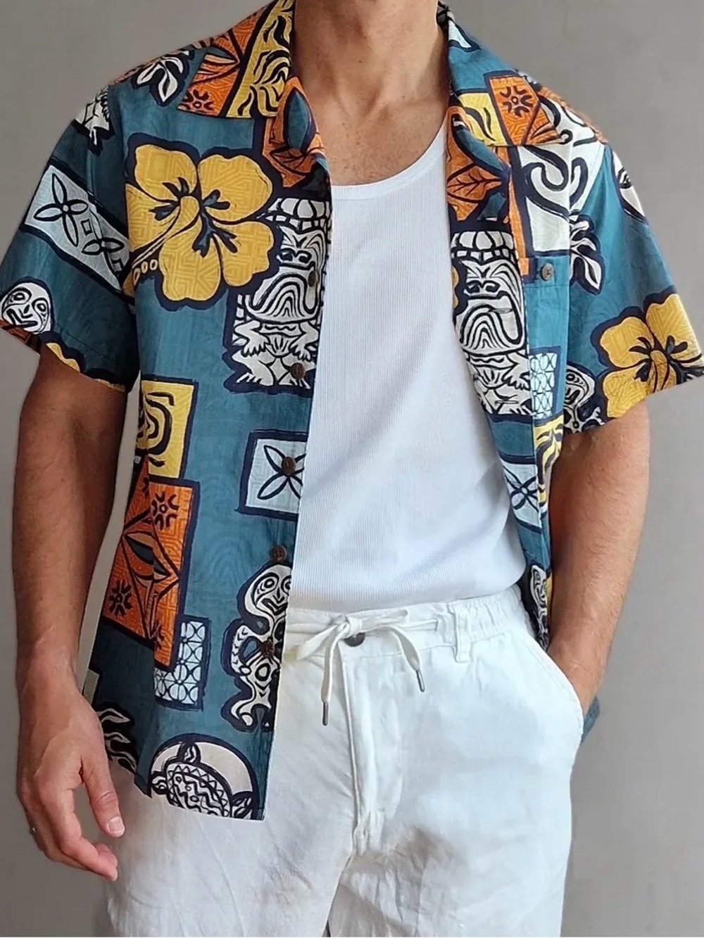YIUME Floral Tiki Men’s Hawaiian Shirt | 100% Cotton | Size Large ( Oversized)